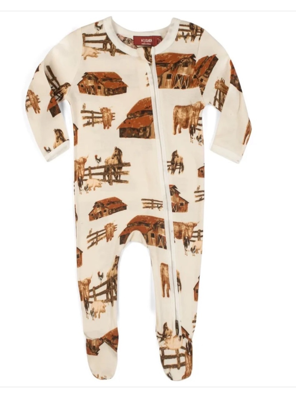 Milkbarn Cream Footed Organic Cotton One-Piece with Barn & Animal Print